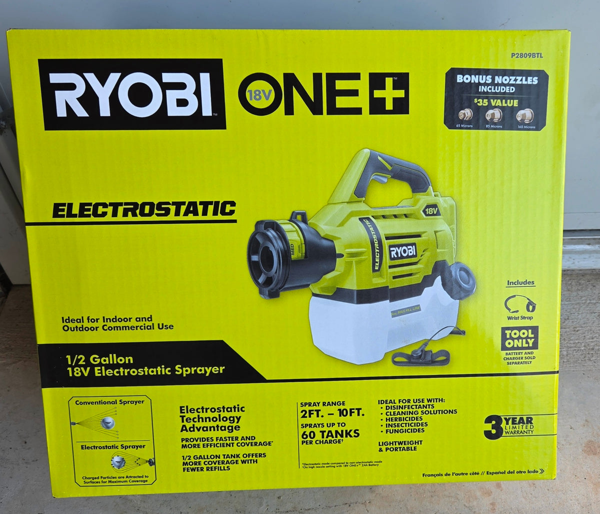 RYOBI ONE+ 18V Cordless Electrostatic 0.5 Gal. Sprayer (Tool Only), P2809BTL