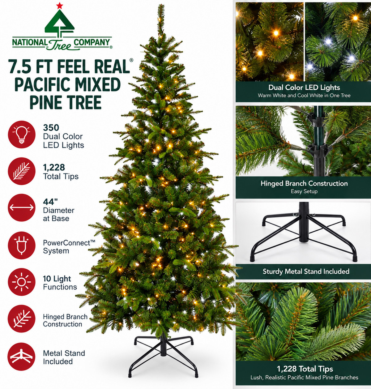 National Tree Company 7.5 Ft Feel Real Pacific Mixed Pine Tree LED PEP100-D1-75