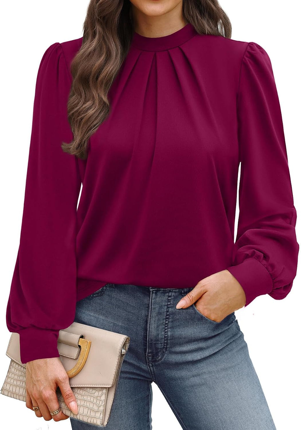 WIHOLL Long Sleeve Shirts for Women Mock Neck Tops Pleated Front Blouses Dressy Casual Spring Fall Clothes 2026 Fashion