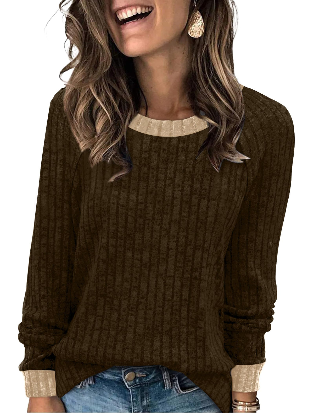 WIHOLL Long Sleeve Shirts for Women Lightweight Sweaters Fall Outfits 2026 Color Block Winter Clothing Dressy Casual Soft