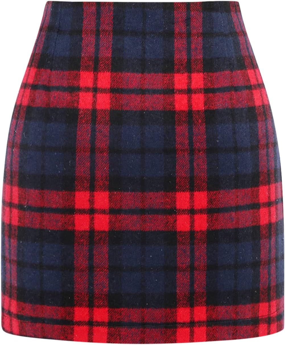 IDEALSANXUN Womens High Waist Plaid Skirt Bodycon Pencil Wool Mini Skirts