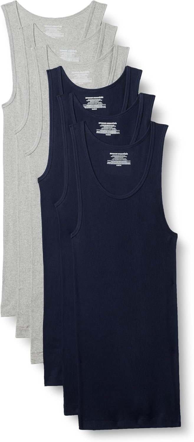 Amazon Essentials Men's Lightweight Breathable Cotton Slim Fit Tank Undershirts, Pack of 6