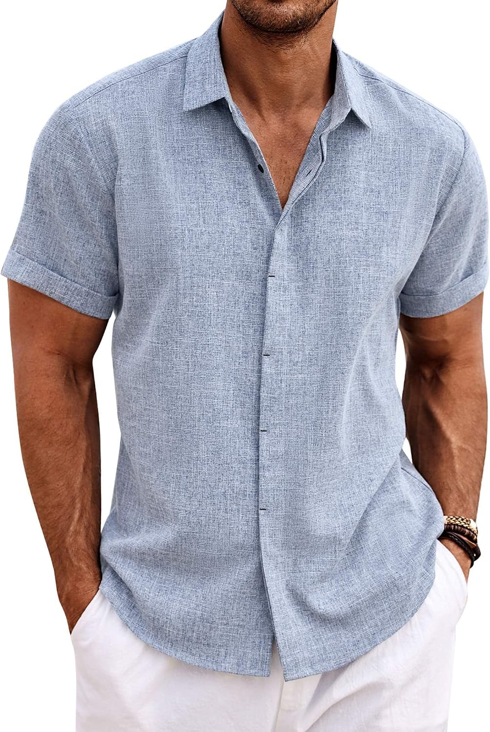 COOFANDY Men's Linen Shirts Short Sleeve Casual Shirts Button Down Shirt for Men Beach Summer Wedding Shirt