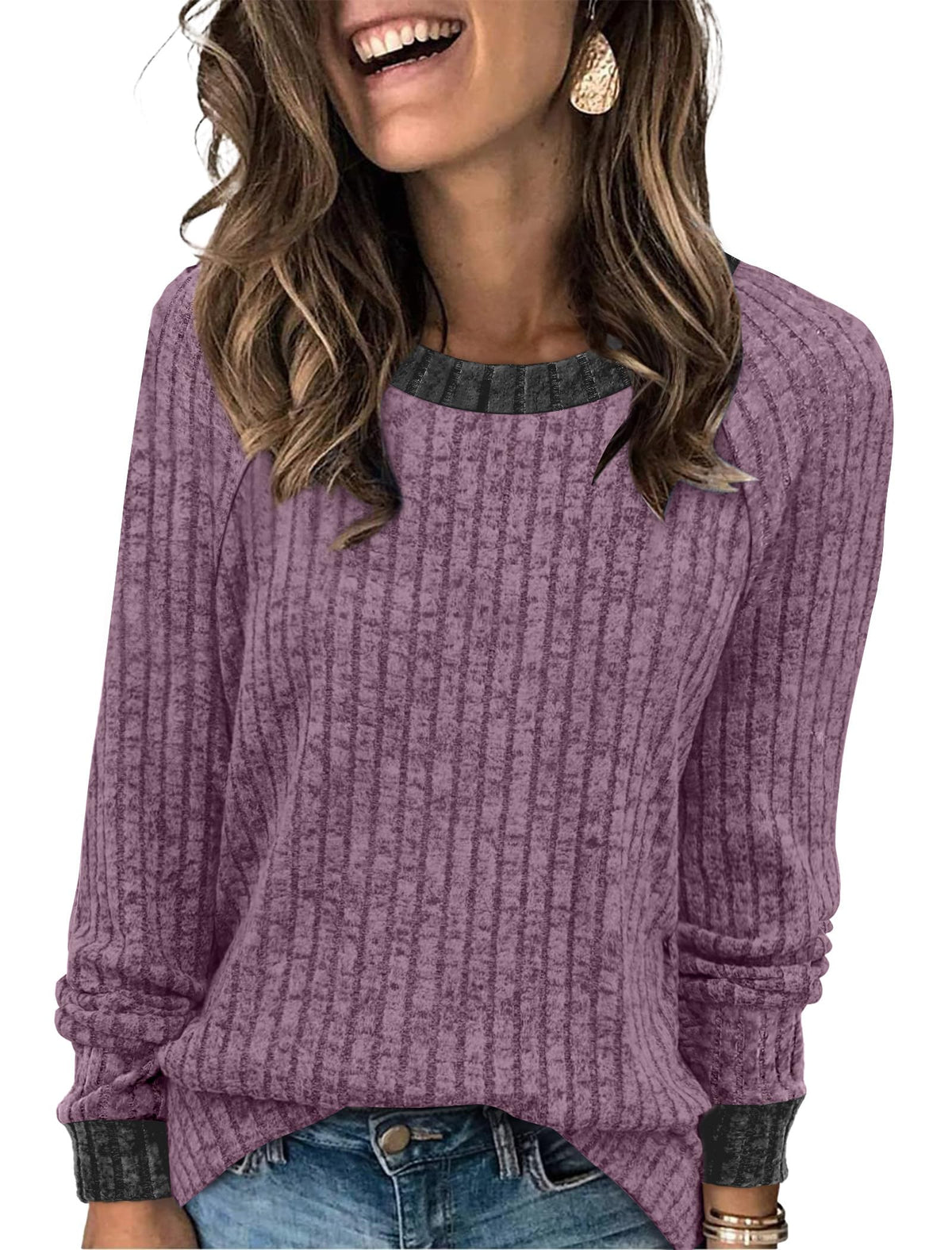 WIHOLL Long Sleeve Shirts for Women Lightweight Sweaters Fall Outfits 2026 Color Block Winter Clothing Dressy Casual Soft