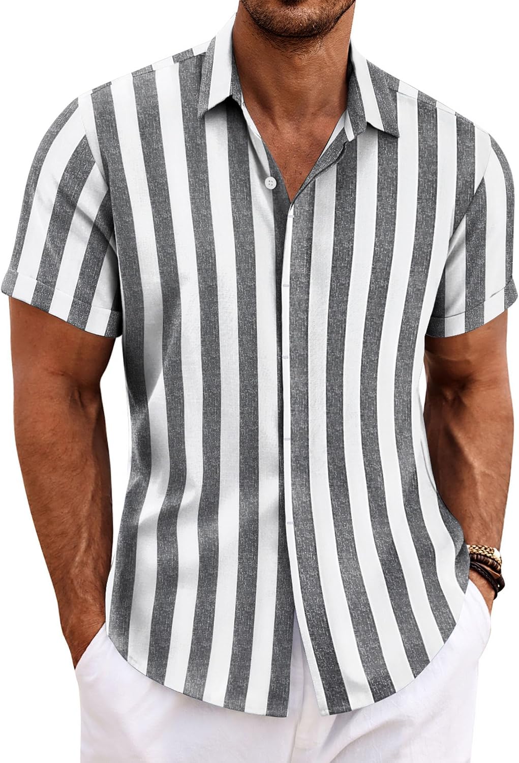 COOFANDY Men's Linen Shirts Short Sleeve Casual Shirts Button Down Shirt for Men Beach Summer Wedding Shirt