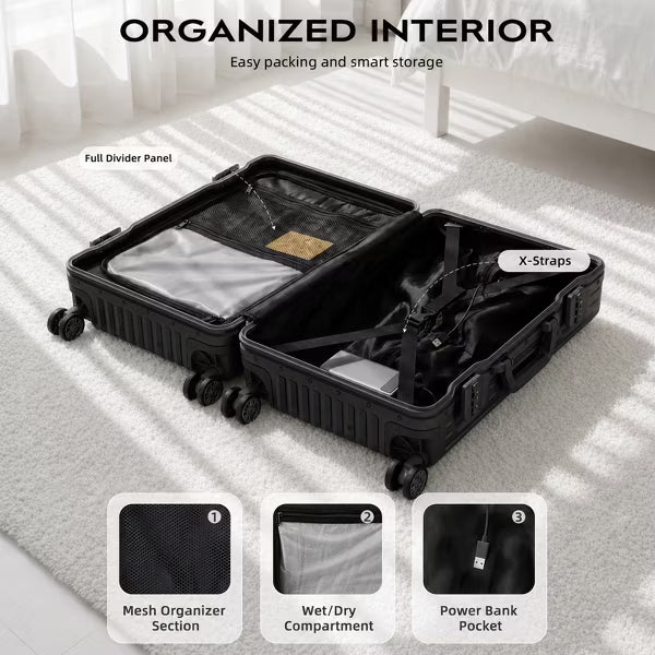 SUGIFT Zipperless Aluminum Frame Carry On Luggage Hardside Suitcase TSA Lock USB Port